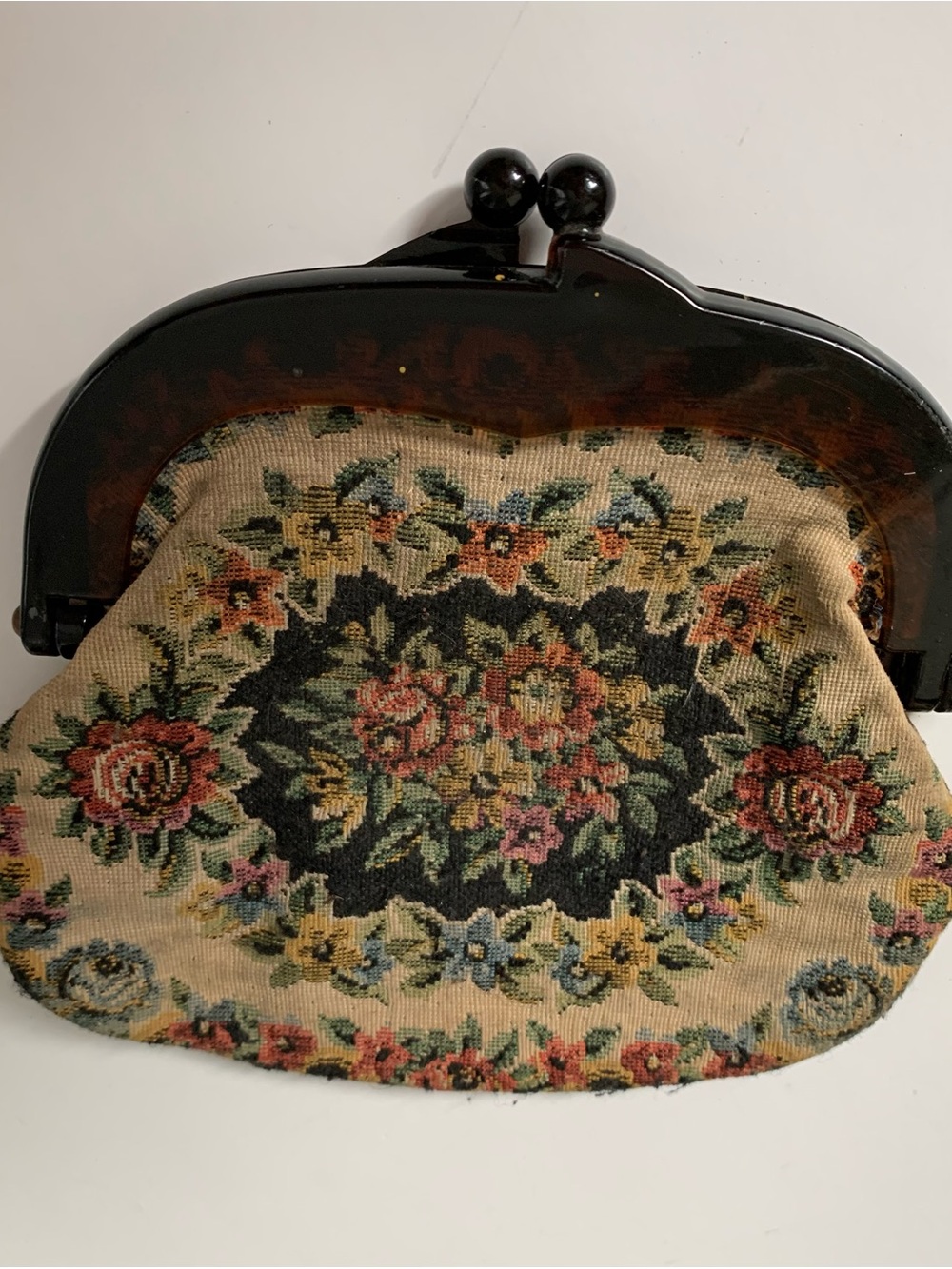 Floral Tapestry Pouch Celluloid Tortoise Shell Frame Edwardian Revival Clutch
